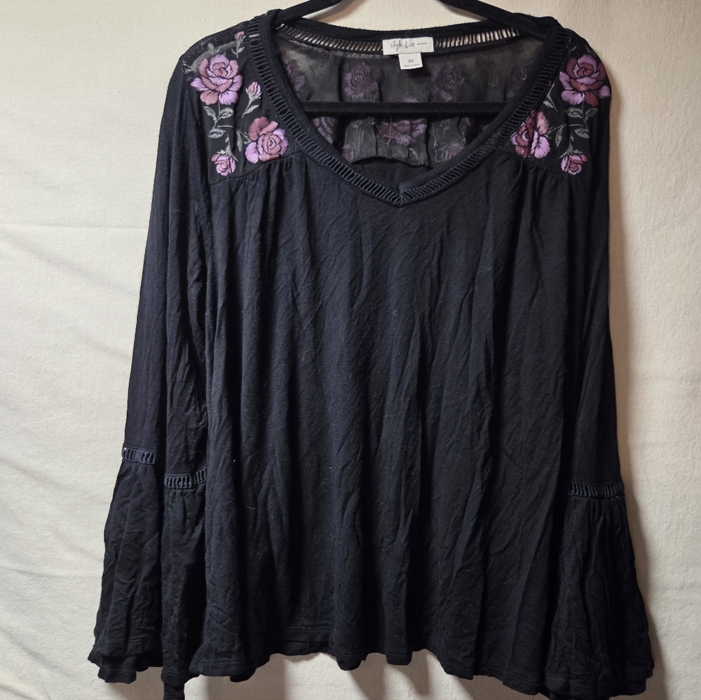 Style & Co. Black Top with Purple Floral Detail
